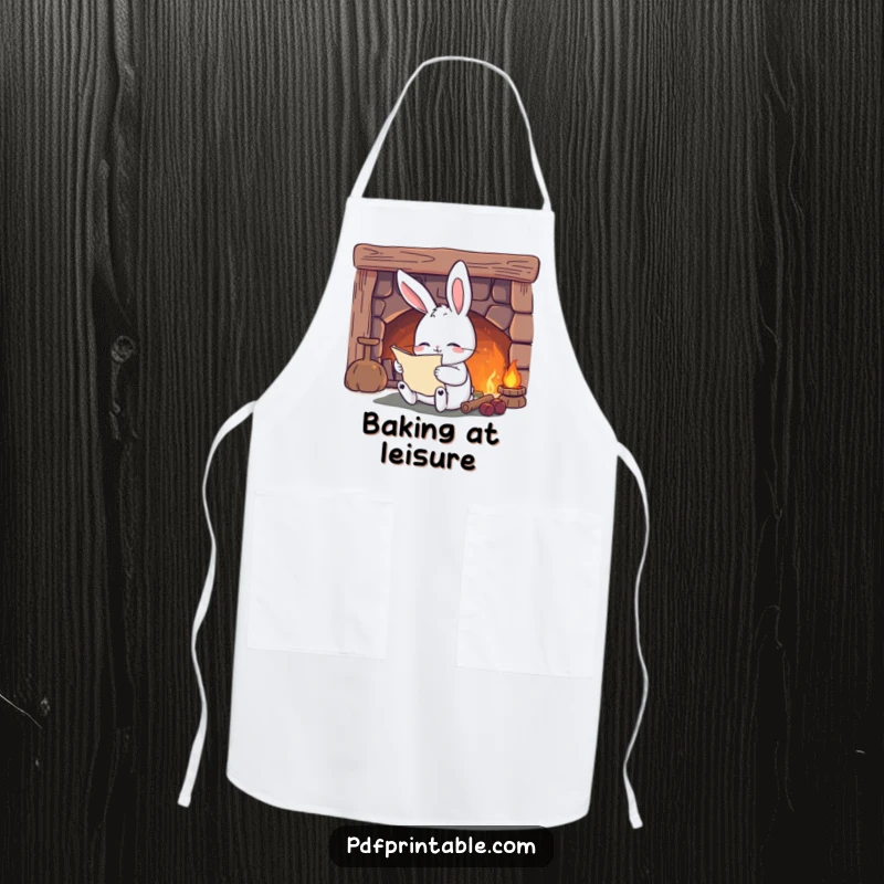 Funny Apron: A content rabbit reads by a cozy fireplace, ideal for fun kitchen tasks and creating a warm, inviting atmosphere.