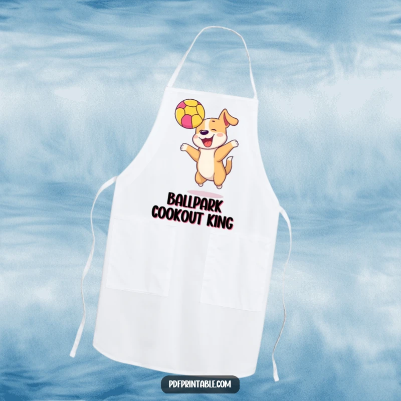 Funny dog bouncing a colorful ball high in the air on an apron, making cooking a hilariously fun and active affair.