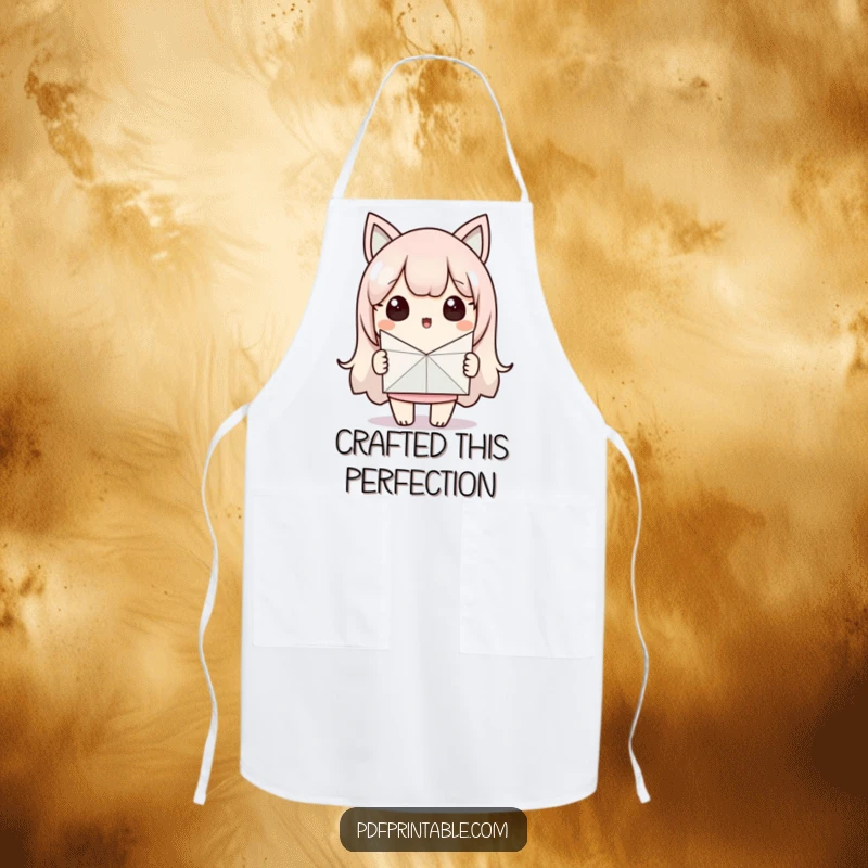 Funny Apron: Surprised Kawaii character proudly displays a handmade paper craft. A humorous and practical funny gift for crafters.