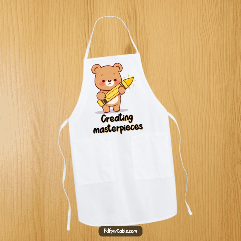 Funny kawaii bear with a big crayon, drawing a happy sun, on a practical and cheerful kitchen apron.