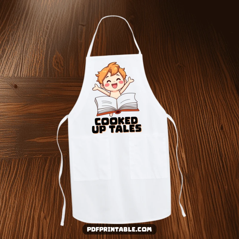 Funny Apron: Animated book character jumping out of a book page, bringing literary whimsy to kitchen tasks, a cook's delight.