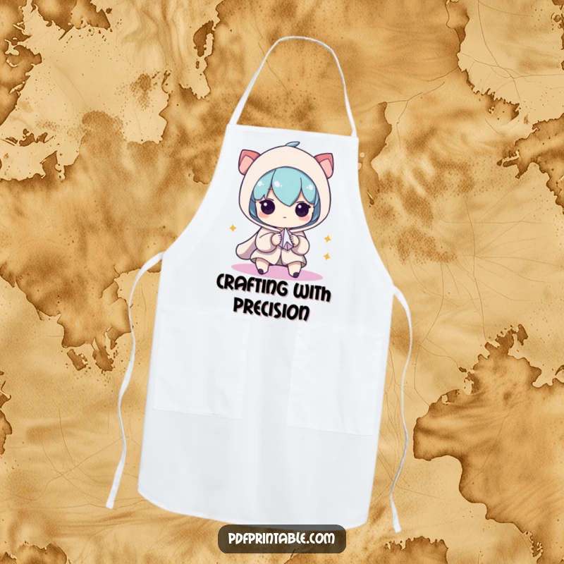 Funny Apron: Character with intense focus creating a small paper airplane, a humorous take on kitchen concentration and precision, a funny gift.