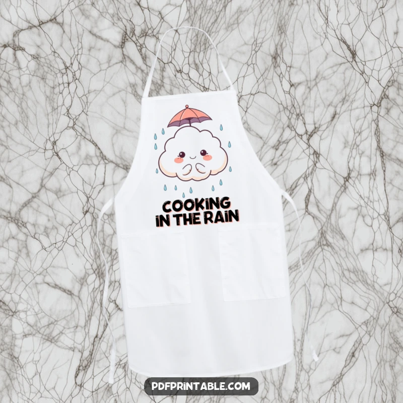 Funny Apron: A chef's apron featuring a cute cloud character with a tiny umbrella, happily catching raindrops, perfect for kitchen fun.