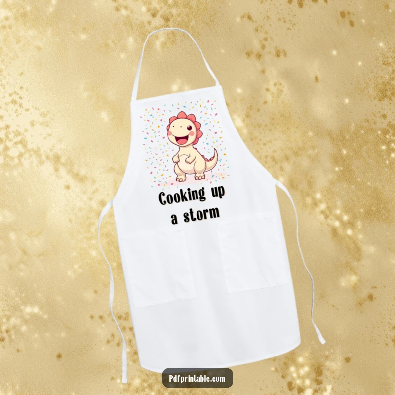 Funny kawaii dinosaur character joyfully printing a giant confetti pattern, featured on an apron for humorous and colorful crafting.