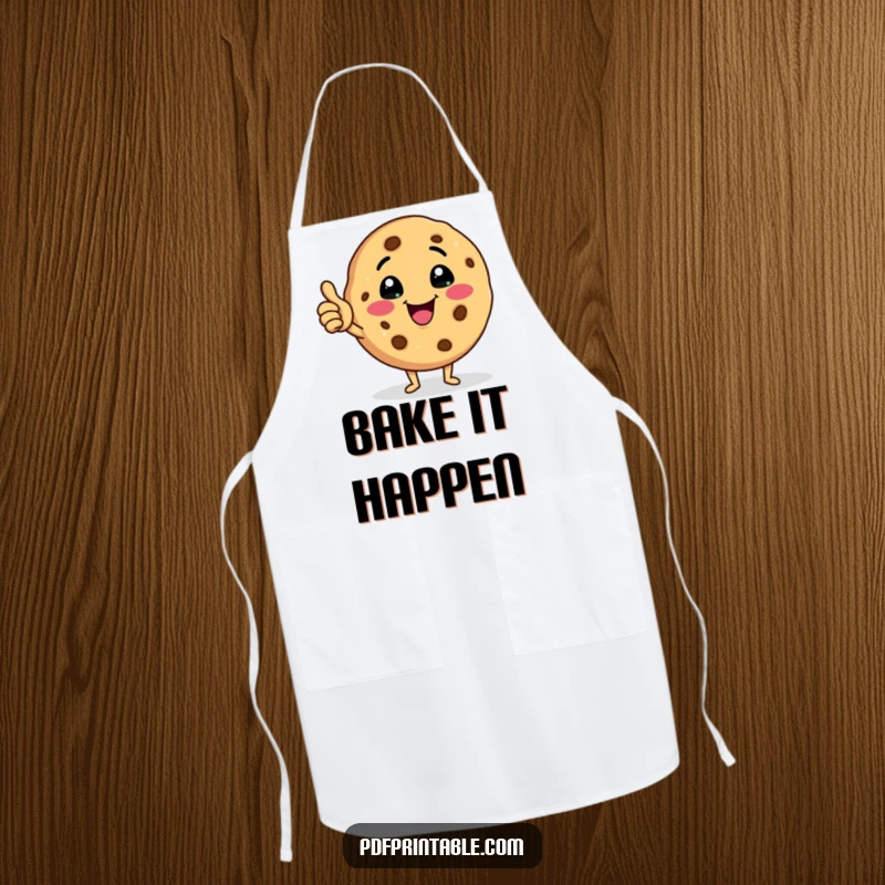Funny cookie apron featuring a happy cookie character winking and giving a thumbs up, adding cheer to cooking.