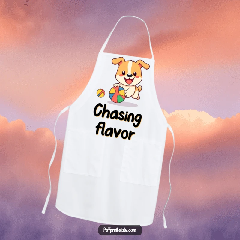 Funny Dog Ball Apron featuring a happy dog character energetically chasing a bouncing, colorful ball, ideal for kitchen duties and dog fans.