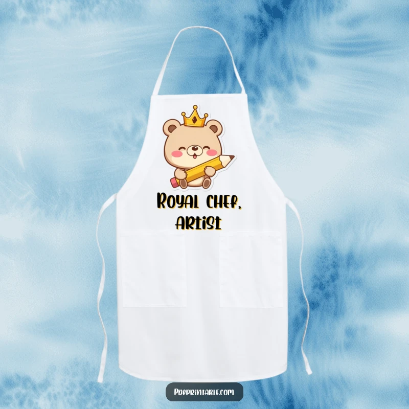 Funny Apron: Giggling bear king in a crown holding a giant pencil, ready for royal kitchen duties with a smile.