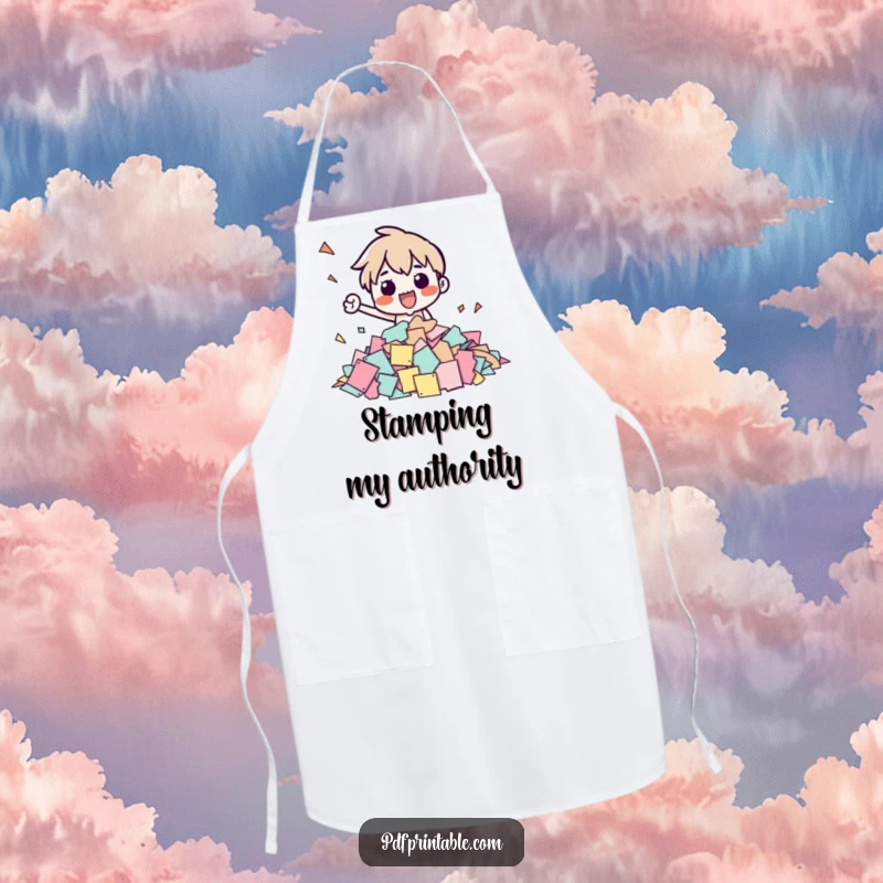 Funny apron showing a character stamping papers, a humorous kitchen accessory for cooks and bakers, making it a fun gift.