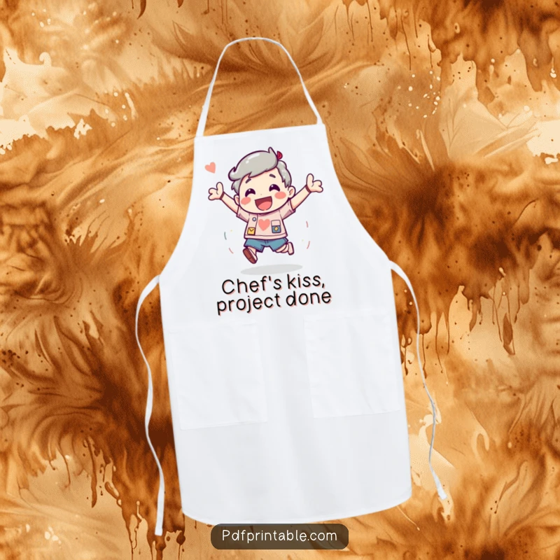 Funny Apron featuring a character bouncing with excitement after completing a fun project, perfect for kitchen victories.