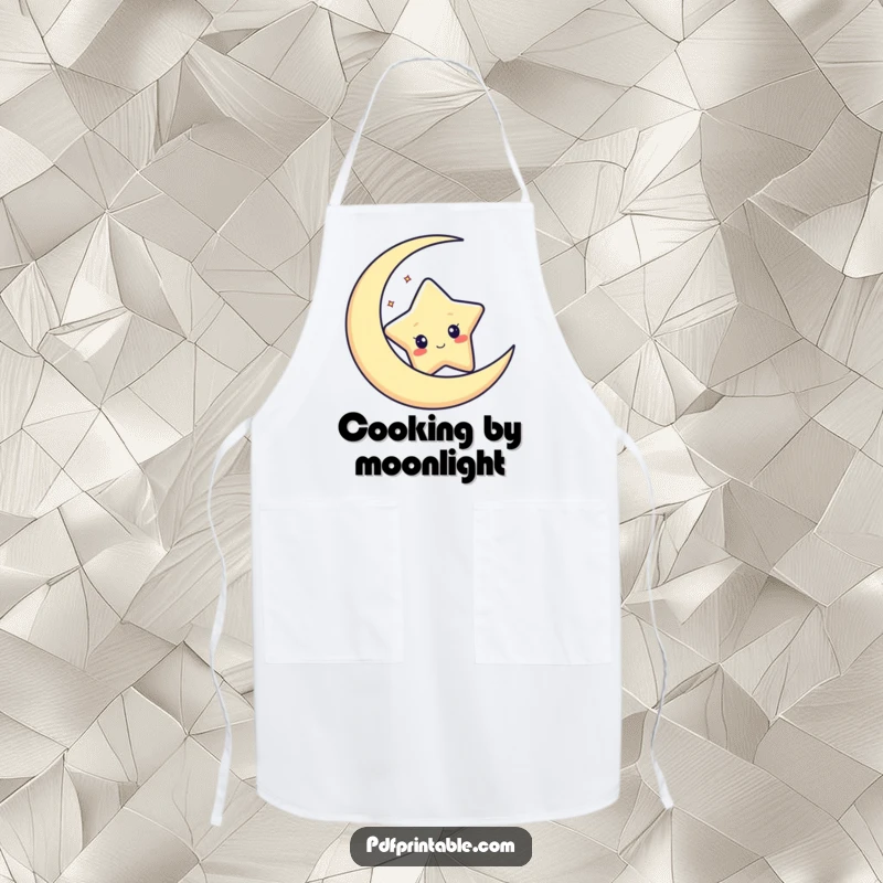 Funny apron adorned with a curious star character peeking from behind a crescent moon, ready for culinary explorations.