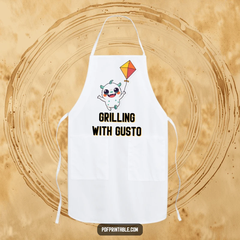 Funny Apron: A chef's apron featuring a cheerful monster character holding a colorful kite flying, perfect for kitchen adventures.