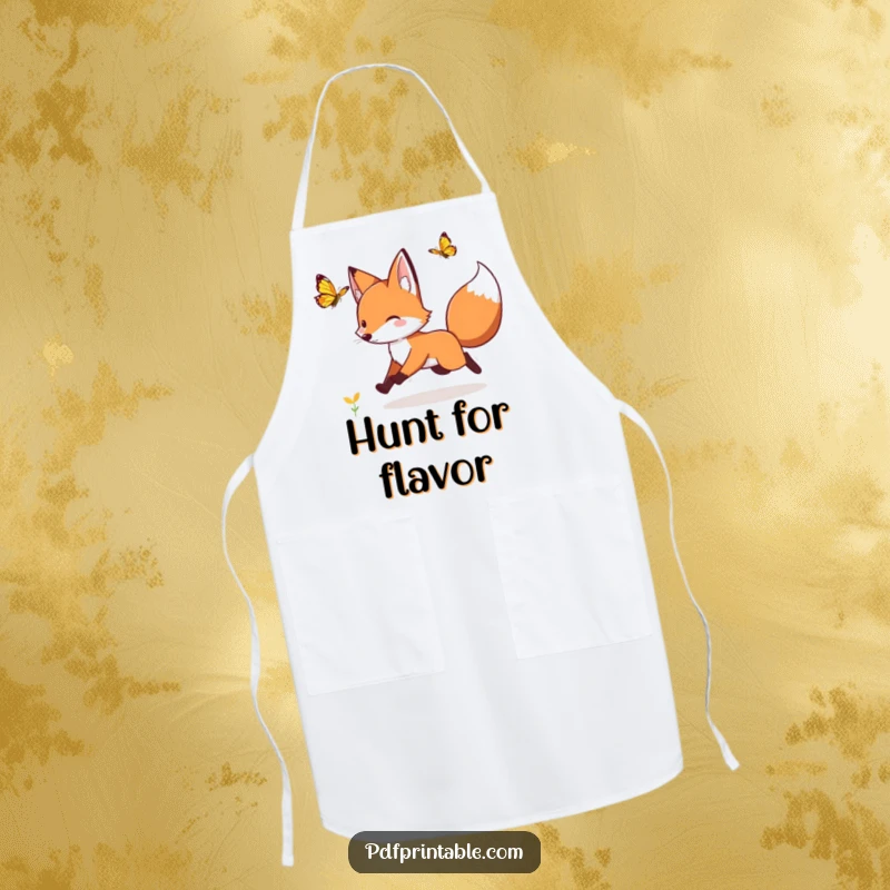 Funny fox chasing a fluttering butterfly on an apron, making cooking a hilariously whimsical and natural affair.
