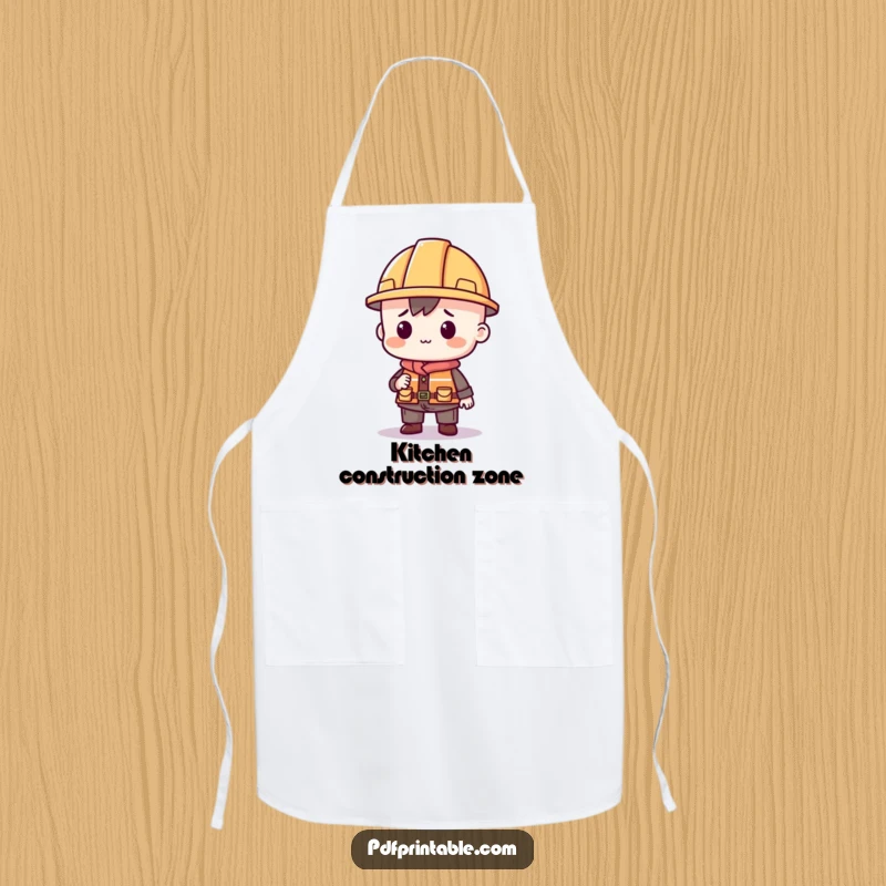 Funny apron print of a character in a small construction hat building with printable shapes, ideal for crafting or painting.