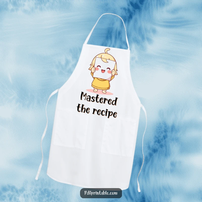 Funny apron with a cute character triumphantly holding a freshly printed page, celebrating project completion with a smile.