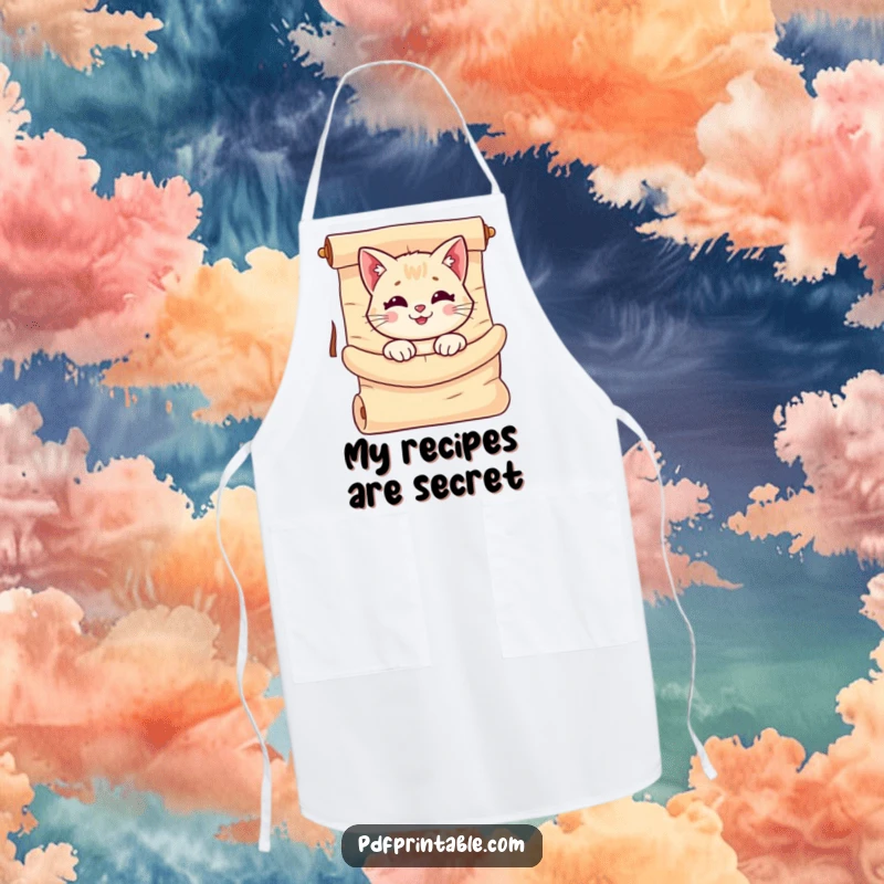 Funny Cat Scroll Apron featuring a smiling cat peeking out from a giant, unrolled scroll, ideal for kitchen duties and cat lovers.