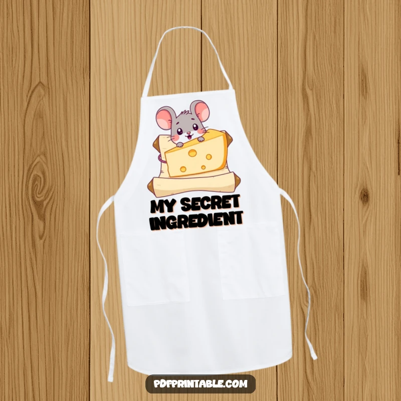 Funny Mouse Cheese Apron featuring a surprised mouse character discovering a giant piece of cheese on a scroll, ideal for kitchen duties and cheese lovers.