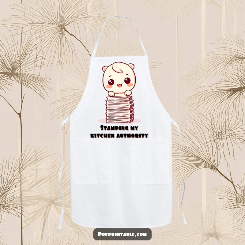 Funny Kawaii character happily stamping papers into a neat stack on an apron, perfect for tidy work.