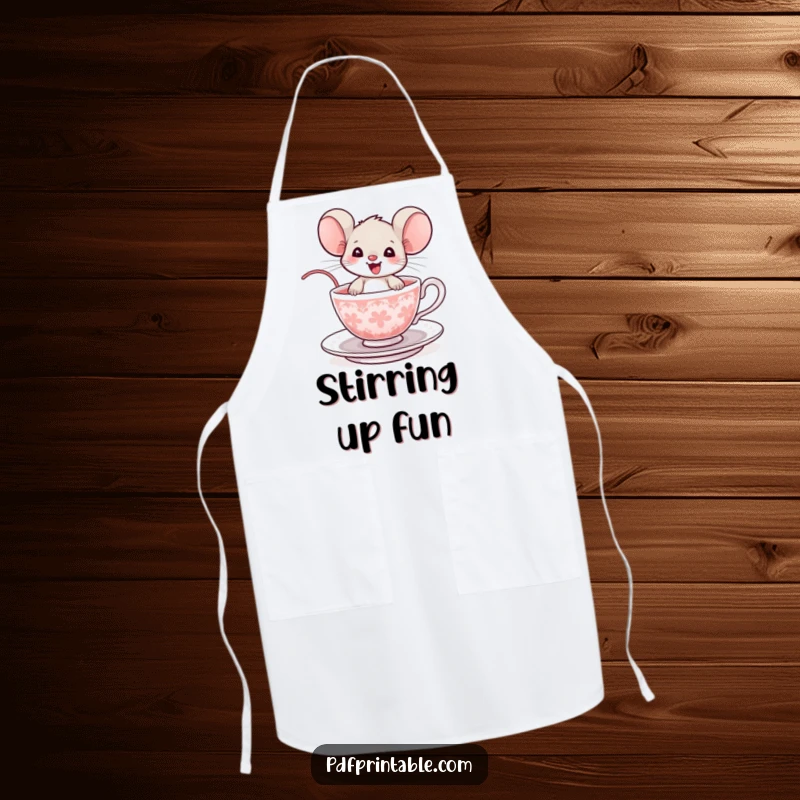 Funny Mouse Apron: A delighted mouse spins happily in a teacup while cooking, adding humor to kitchen tasks.