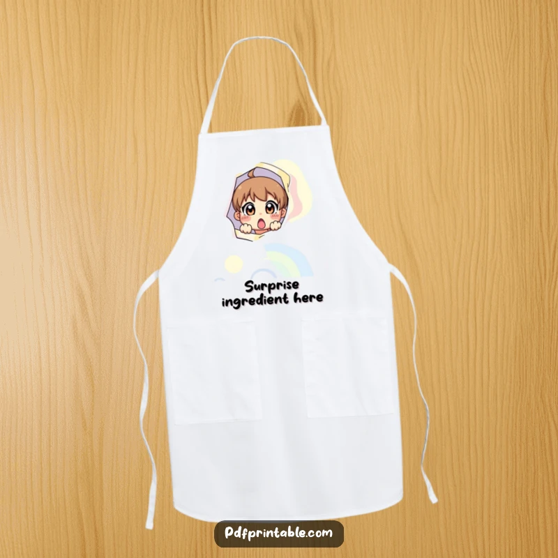 Funny apron with a surprised character peeking from a colorful printable page, adding playful charm to kitchen duties.