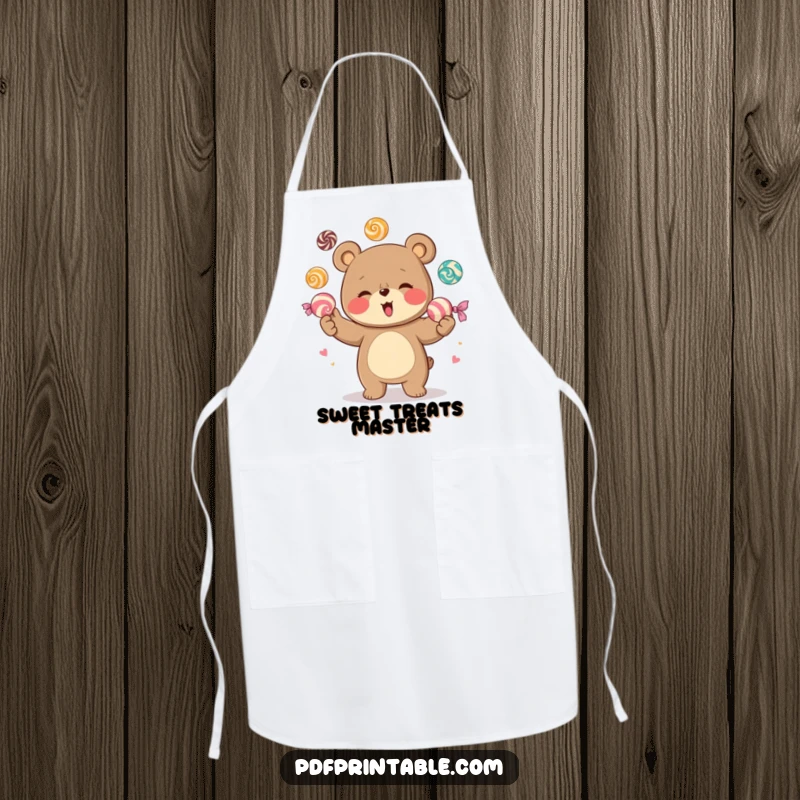 Funny kitchen apron adorned with a giggling bear character juggling an abundance of large, colorful candies, perfect for a playful cook.