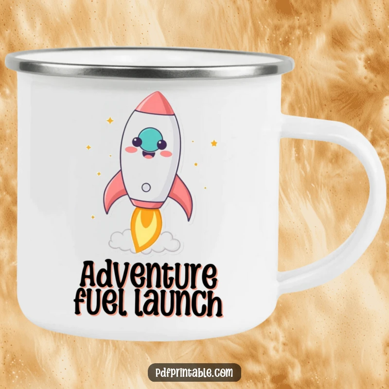 Funny kawaii rocket character blasting off from a smiling paper, depicted on a durable camping mug for humorous outdoor inspiration.