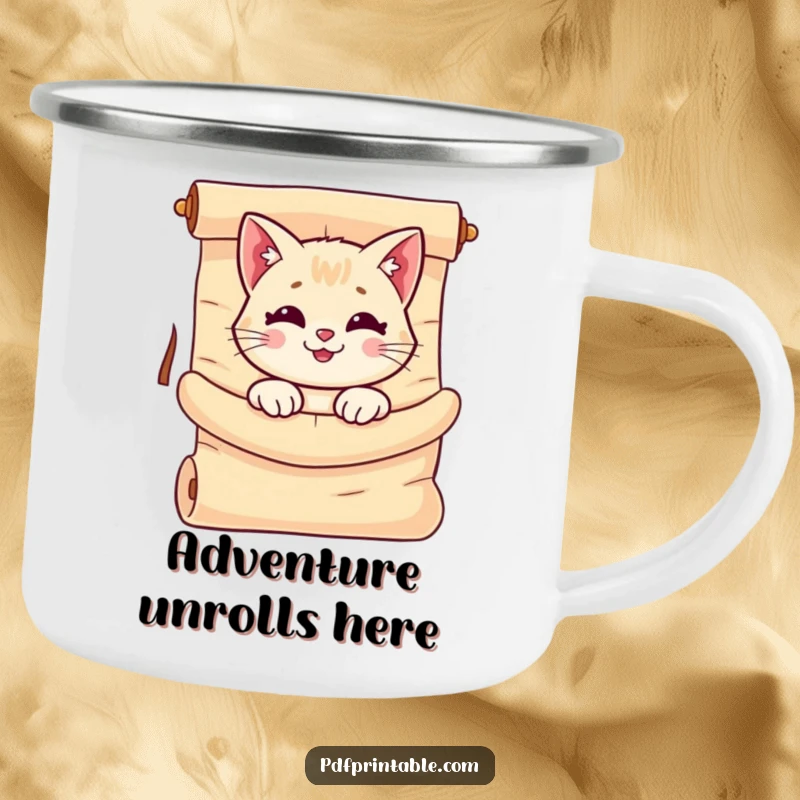 Funny Cat Scroll Camping Mug featuring a smiling cat peeking out from a giant, unrolled scroll, ideal for outdoor beverages.
