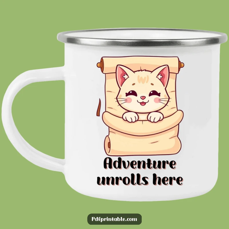 Funny Cat Scroll Camping Mug: Outdoor Kitty, Unrolled Scroll, Adventure Funny Gift