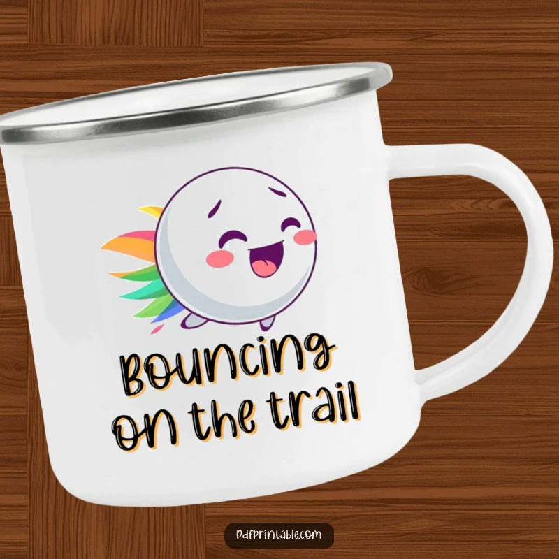 Funny camping mug showing a playful bouncy ball character leaving a colorful streak, perfect for outdoor enjoyment.