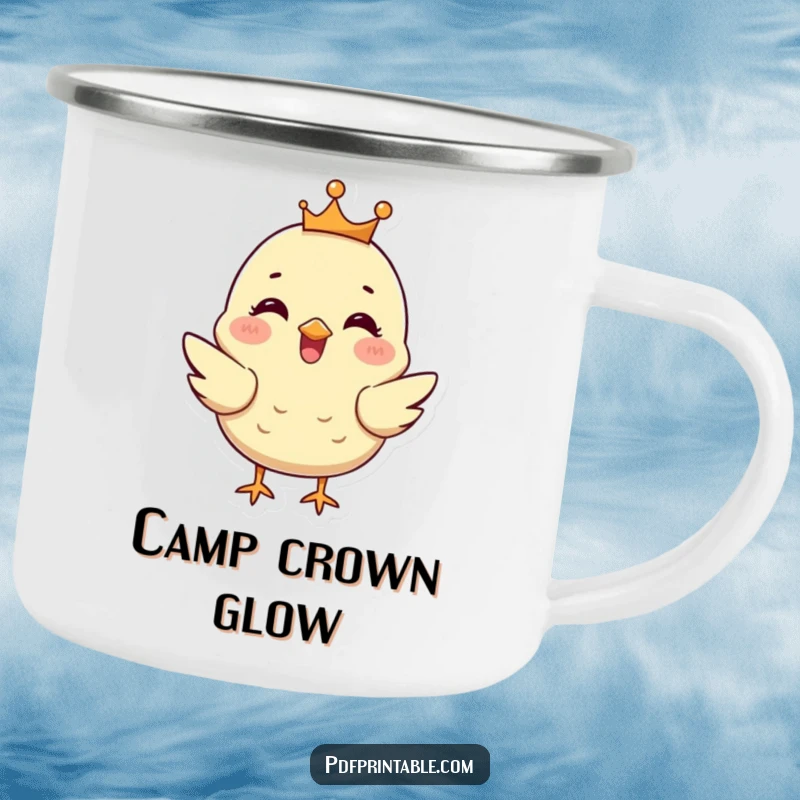 Funny Chick Camping Mug: A happy chick with a tiny crown chirps, blending outdoor adventure with regal humor.