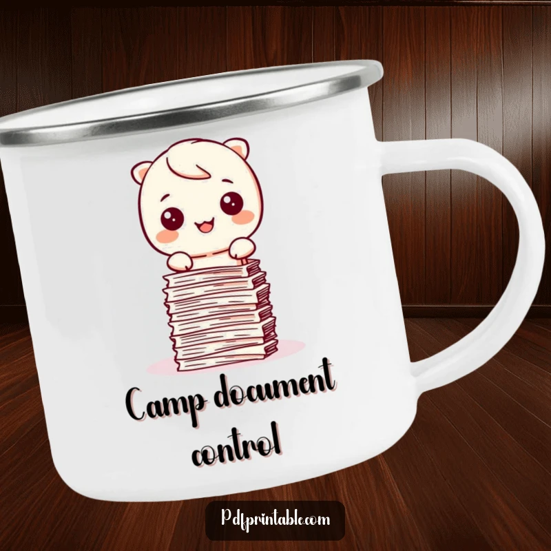 Funny Kawaii character happily stamping papers into a neat stack on a camping mug, perfect for organized outdoors.