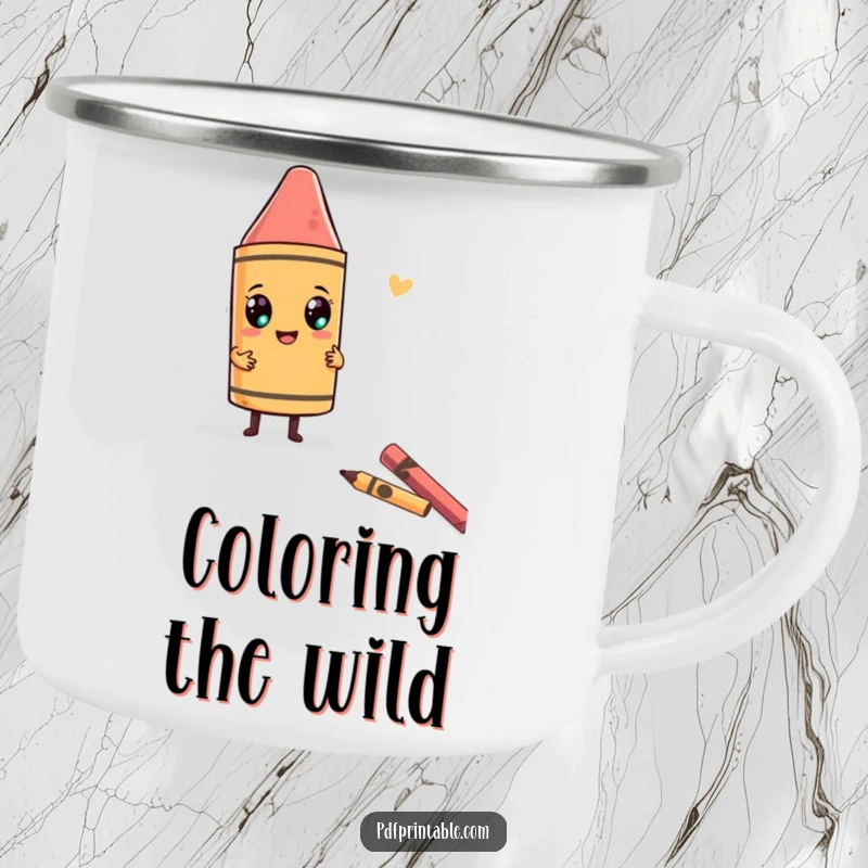 Funny Camping Mug featuring a character using a giant crayon to draw a funny, whimsical shape, perfect for outdoor artists.