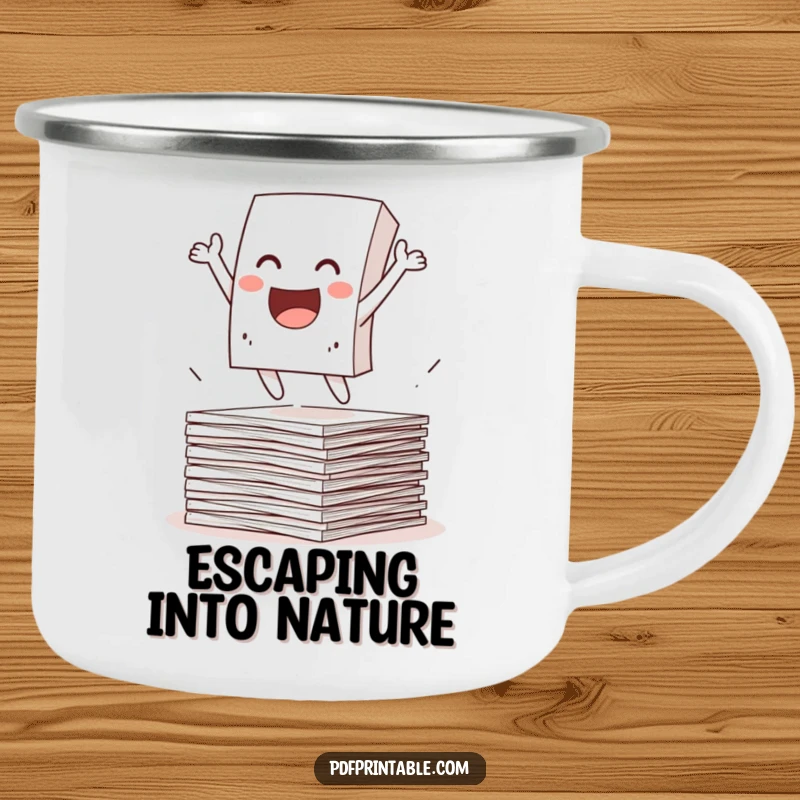 Funny Camping Mug showcasing a happy paper character leaping from a stack of papers. Durable and humorous for outdoor escapes.