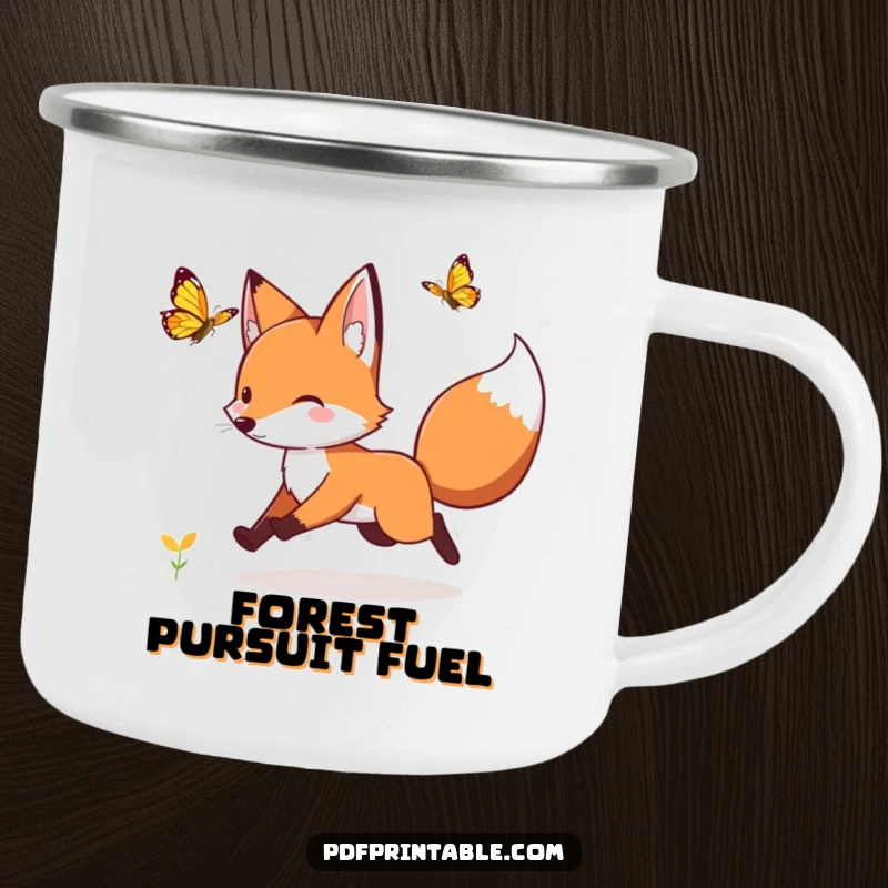 Funny fox chasing a fluttering butterfly on a camping mug, ready for whimsical outdoor sips.