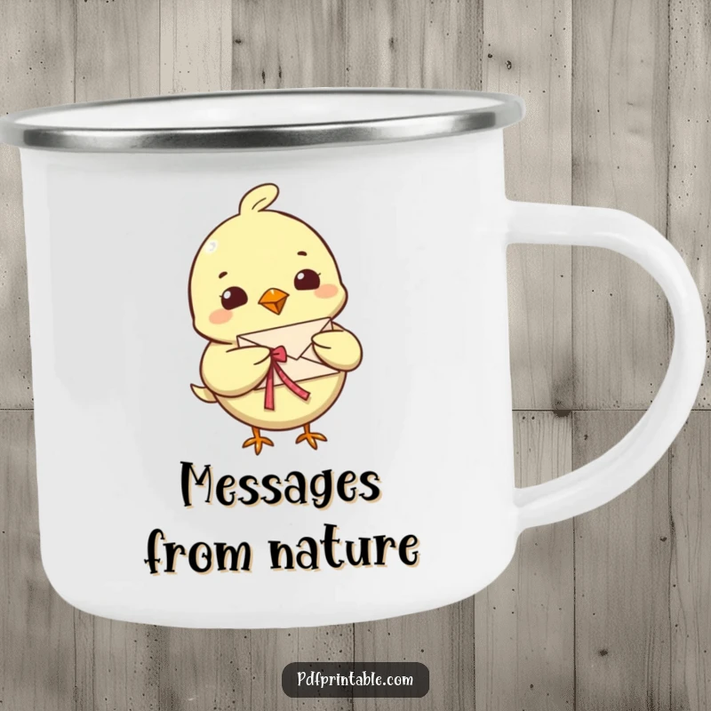 Funny Bird Letter Camping Mug featuring a cheerful bird character carrying a tiny, folded letter with a ribbon, ideal for outdoor beverages.