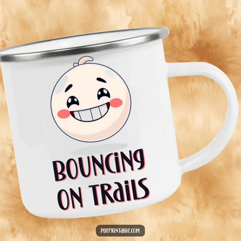 Funny Camping Mug with a bouncy ball character with a big grin, ready to bounce into outdoor fun.