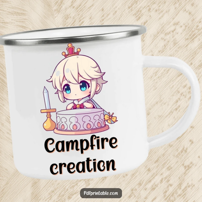 Funny Camping Mug: Character looking at a finished creation with immense pride, evoking outdoor celebration and accomplishment, a sturdy funny gift.