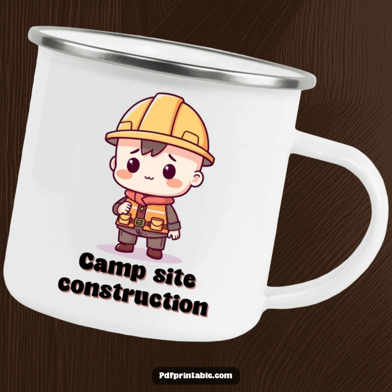 Funny camping mug with a character in a construction hat building with shapes, perfect for outdoor lovers and creators.