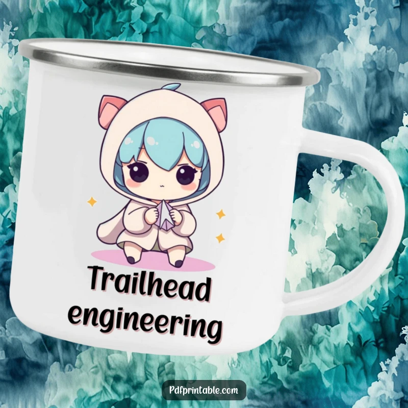 Funny Camping Mug: Character intently folding a small paper airplane, evoking a sense of focused outdoor creativity, a durable funny gift.