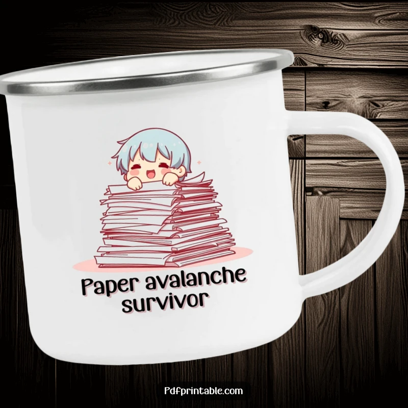 Funny camping mug featuring a character comically falling out of a giant stack of papers, perfect for outdoor enthusiasts.
