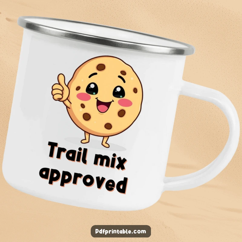 Funny cookie camping mug featuring a happy cookie character winking and giving a thumbs up, perfect for outdoor enjoyment.