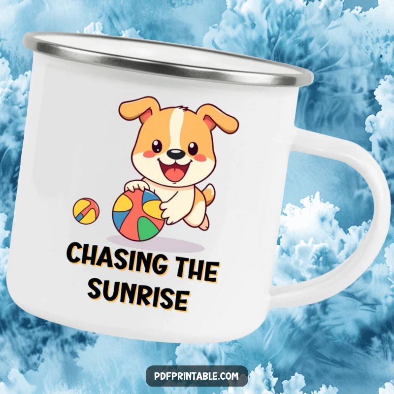 Funny Dog Ball Camping Mug featuring a happy dog character joyfully chasing a bouncing, colorful ball, ideal for outdoor beverages.