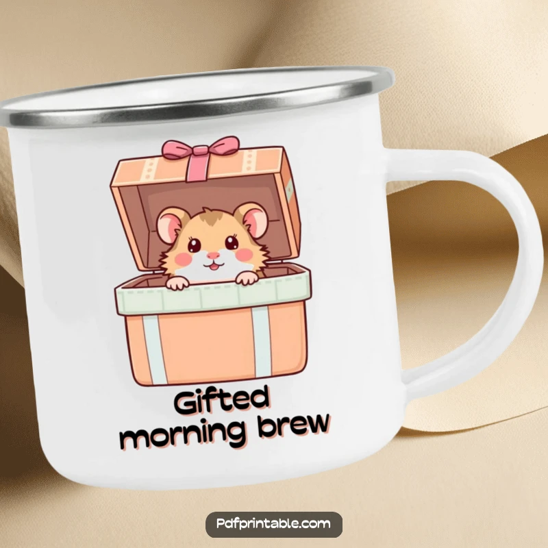 Funny Hamster Camping Mug: A curious hamster peeks from a giant gift box, celebrating adventures with humorous discovery.