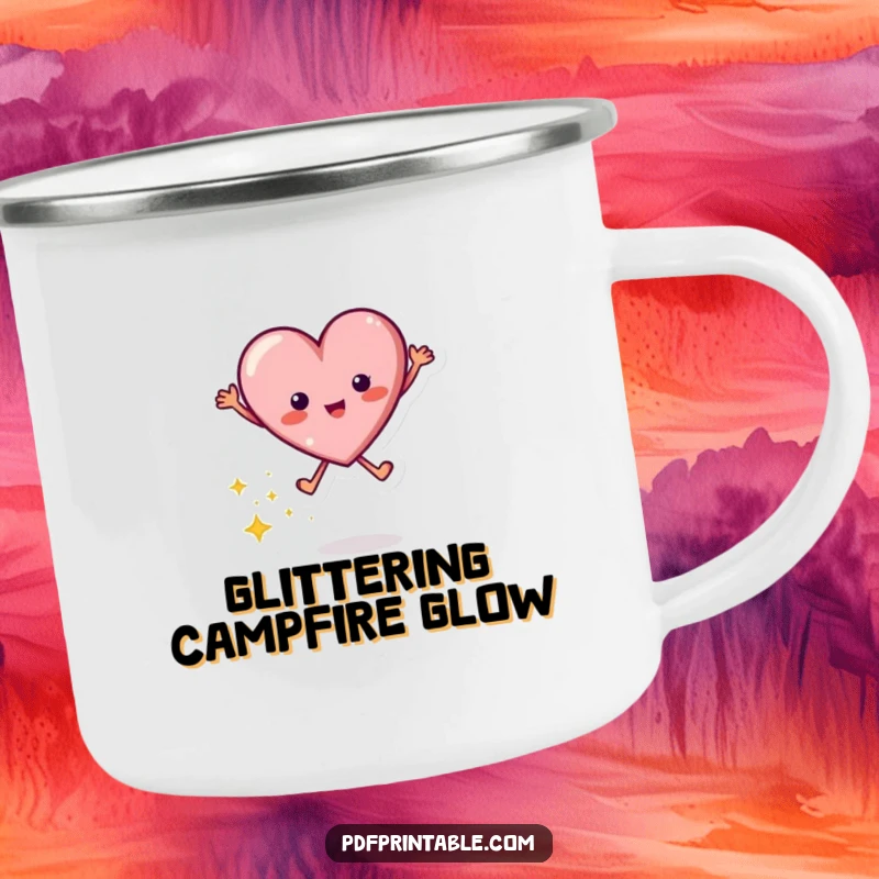 Funny camping mug showing a joyful jumping heart character leaving a trail of bright sparkles, perfect for outdoor enjoyment.