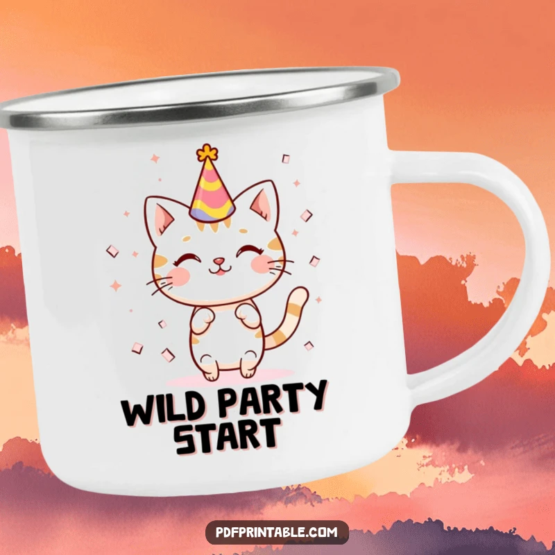 Funny kawaii cat wearing a party hat, celebrating with confetti, ideal for outdoor use on this sturdy camping mug.