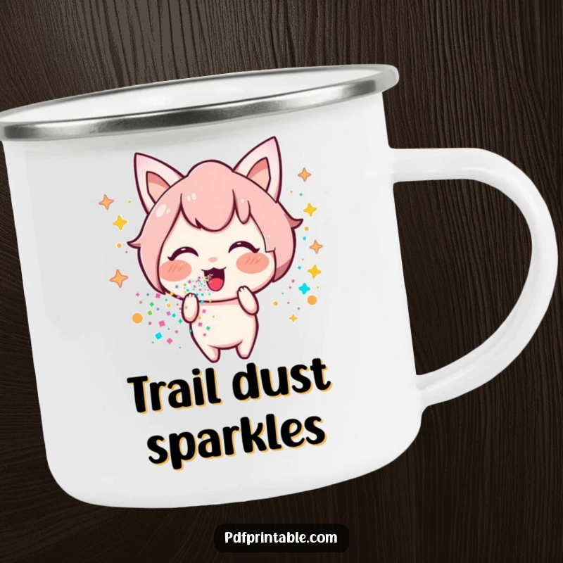 Funny Kawaii glitter camping mug featuring a happy character blowing colorful glitter, designed for spreading joy on outdoor adventures.