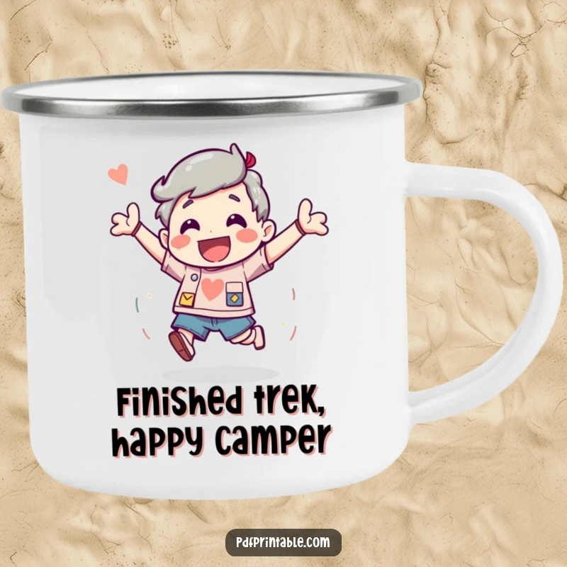 Funny Camping Mug featuring a character bouncing with excitement after completing a fun project, perfect for outdoor celebrations.