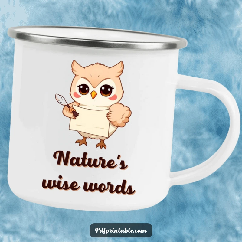 Funny Camping Mug: A playful owl with a scroll and quill delivers wisdom, perfect for outdoor brews and inspiring thoughtful adventures.