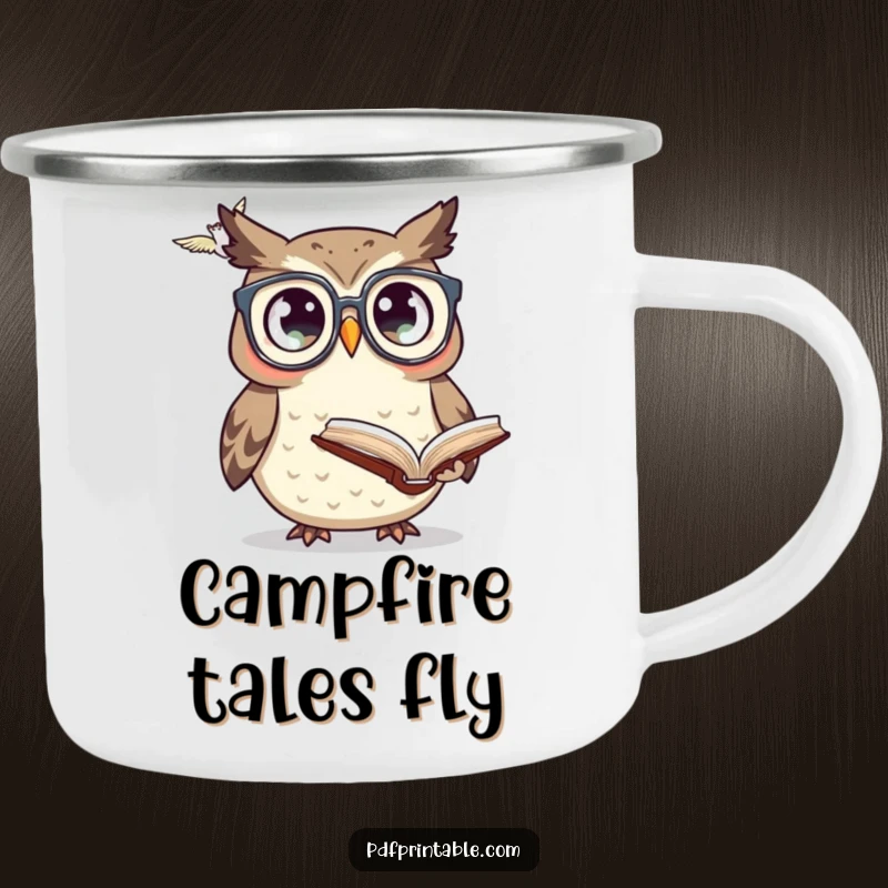 Funny owl in glasses looking at a flying book on a camping mug, ready for wise and humorous outdoor sips.