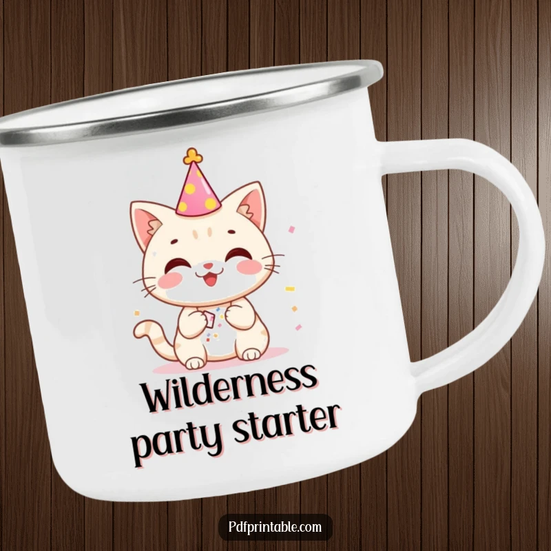 Funny cat in a party hat popping confetti by a campfire, a humorous and durable camping mug design.