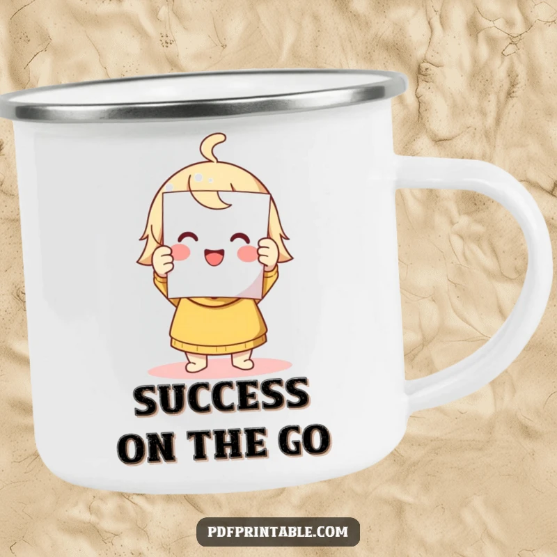 Funny camping mug with a cute character triumphantly holding a printed page, celebrating success in the great outdoors.